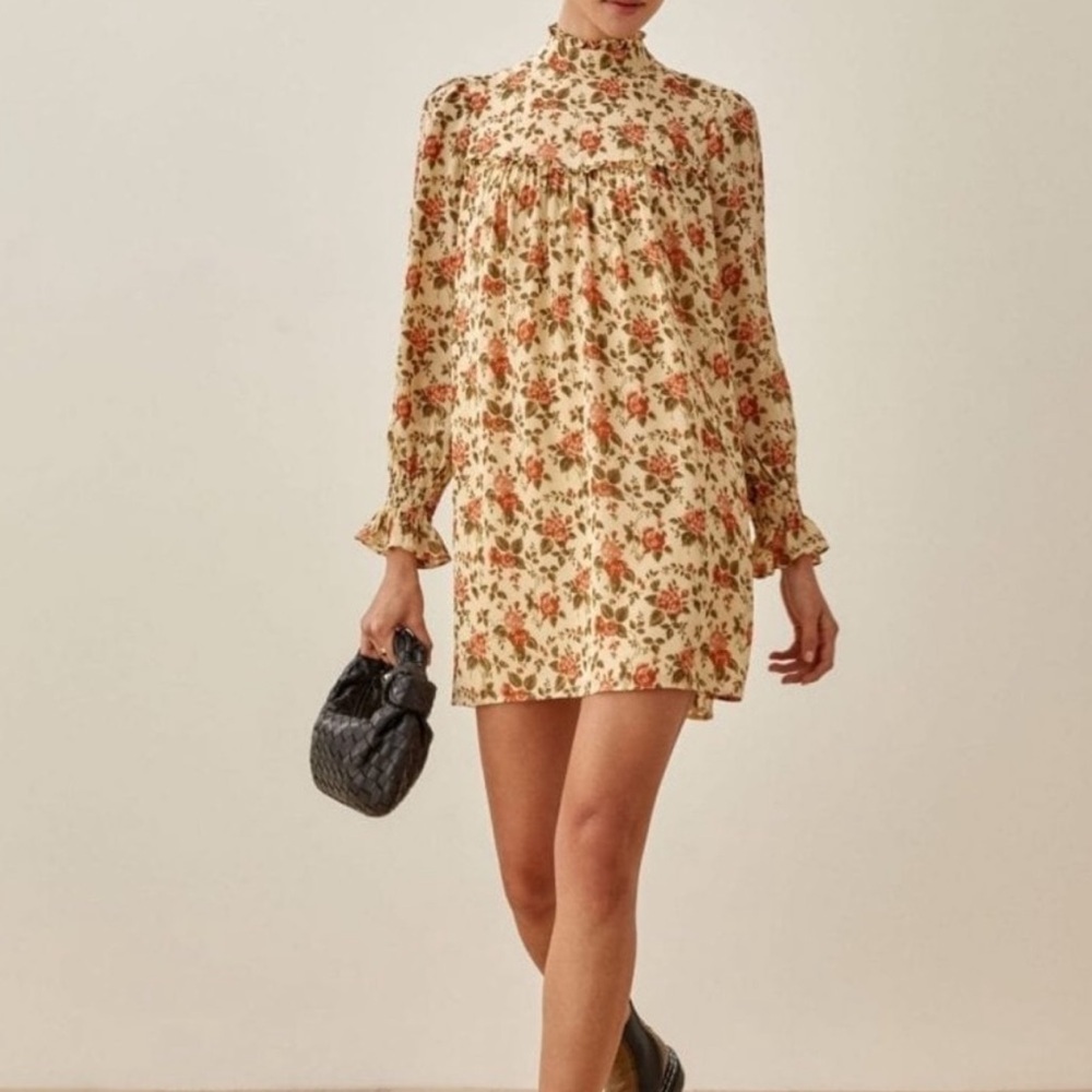 REFORMATION COTTAGCORE RUFFLED VARENNA FLORAL PRINT CREPE MINI DRESS XS - Picture 2 of 16